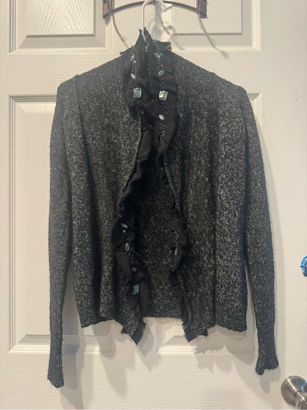 Boutique XS Black Gray Rhinestone Beaded Ruffle Cardigan